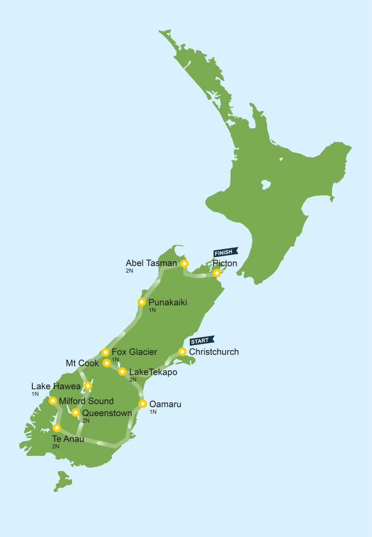 South Island Tour Map for Flying Kiwi