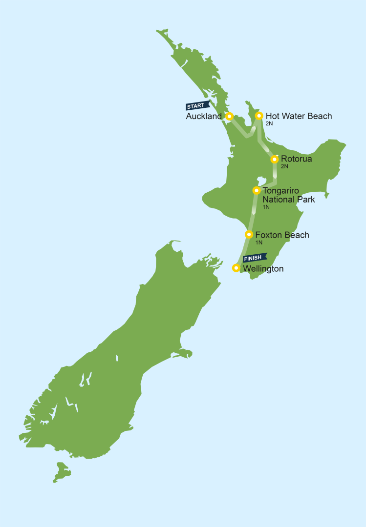 Flying Kiwi's 5 Day Northern Lights North Island Tour Map