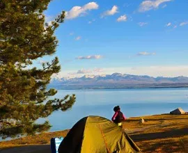 Camp by lake on your Flying Kiwi NZ tour